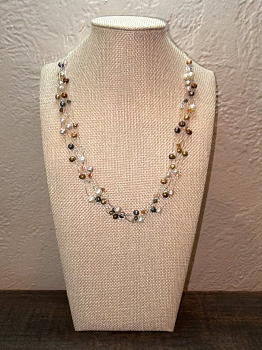 Pearl Crystal Illusion Multi-Strand Floating Necklace Adjustable Length